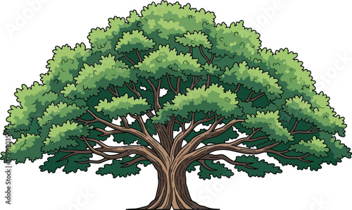 Illustration of a large tree with green leaves and a thick trunk against a light blue background in a cartoon style for nature themed designs