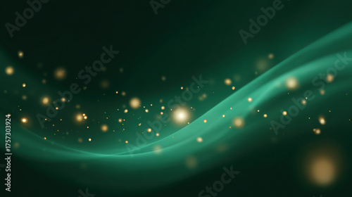 Elegant green abstract background with golden sparkle and bokeh. magical, glowing wave creates festive and luxurious design for christmas and special celebration