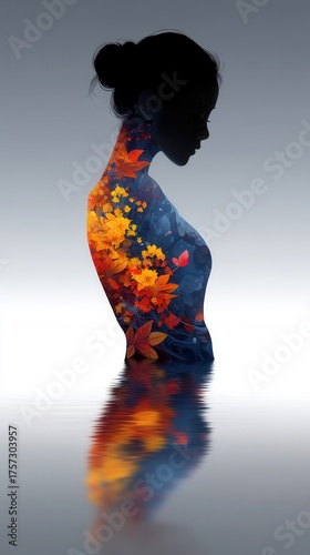 Beautiful silhouette of a woman with artistic floral design and reflection in water, showcasing vibrant colors and serene atmosphere for modern concept