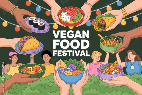 Diverse vegan food festival celebration with vibrant dishes and happy participants