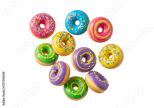Vibrant Mini Donuts Assortment Isolated. Brightly Colored Glazed Doughnuts with Sprinkles for Sweet Treats & Celebrations.
