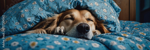 A sleepy golden-red dog is nestled comfortably in a blue bed with floral patterned pillows, eyes closed in peaceful slumber. Banner