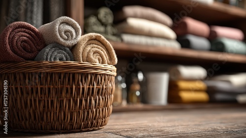 Woven Basket With Rolled Textiles On Wooden Table Under Warm Lighting