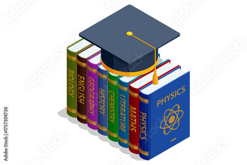 Isometric stack of textbooks with graduation cap. Concept of education, knowledge, learning, and academic success. Textbooks physics, math, chemistry, biology and English