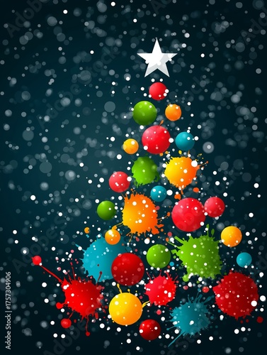 Colorful watercolor Christmas tree illustration with vibrant ornaments and splashes, isolated on a dark background, perfect for festive designs and decorations