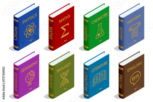 Isometric set of colorful subject textbooks physics, math, chemistry, biology, literature, history, geography, and English.