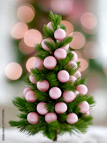Festive miniature Christmas tree adorned with pink ornaments, surrounded by soft bokeh lights, creating a cheerful holiday atmosphere