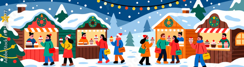 Christmas market stalls with happy shoppers in snowy landscape