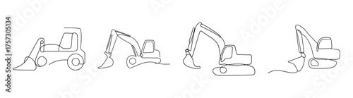 Series of line drawing backhoe loader concepts and sketches showing machine articulation and design elements