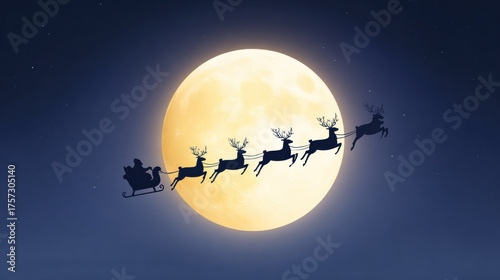 Santa sleigh reindeer silhouette flying across full moon at night. magical festive holiday scene for winter Christmas celebration, evoking sense of wonder and tradition