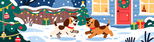 Cute dogs playing in snowy Christmas yard with decorations