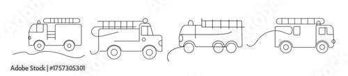 Line art schematic diagram of a fire truck showing its mechanical components and structure in detail