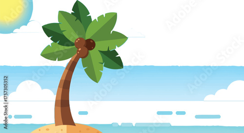 Cartoon tropical island scene with palm tree blue sea and bright sun perfect for summer vacation and travel themed designs and backgrounds
