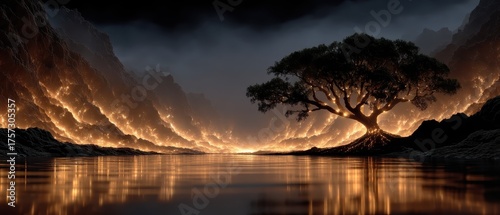 Dramatic Landscape Featuring Ancient Tree on a Riverbank Surrounded by Fiery Light and Shadow in a Mystical Atmosphere at Sunset