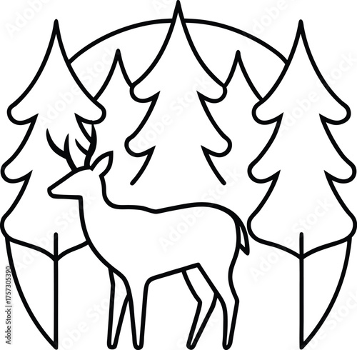 misty forest with deer minimal outline drawing illustration on transparent background