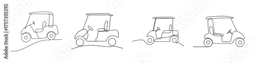 Four detailed sketch renderings of golf carts showcasing design and functionality aspects