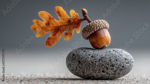 Balanced Stone With Acorn And Frosted Oak Leaf On Sandy Surface Light