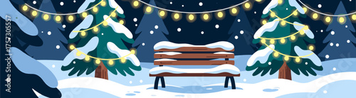 Snow-covered bench under illuminated pine trees