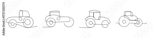 Four detailed line drawings of a road roller machine in sequence showing mechanical components