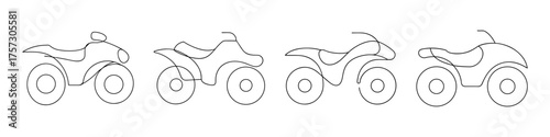 Four quad bike outlines with detailed mechanical features and rough sketch style showcasing off-road vehicles