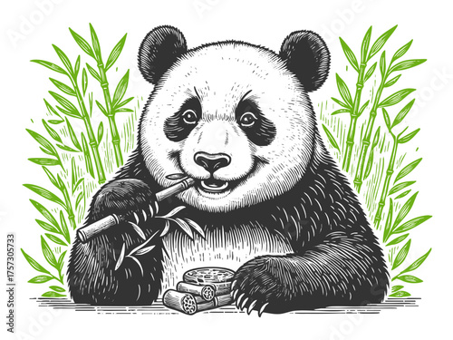 adorable panda chewing bamboo sketch engraving generative ai fictional character vector illustration. Scratch board imitation. Black and white image.