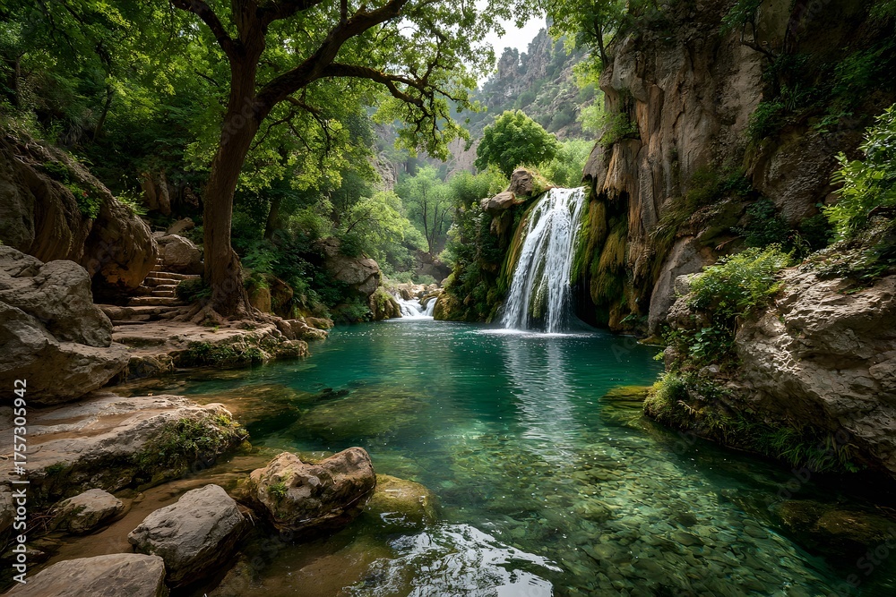 Fototapeta premium Stunning, hyper-realistic landscape photograph of a majestic waterfall cascading into a tranquil, turquoise-colored lagoon in a hidden paradise.