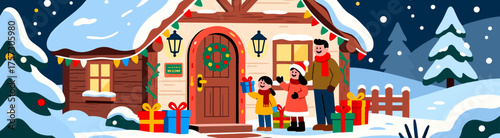 Family with gifts at snowy cottage entrance