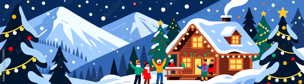 Fototapeta premium Festive snowy mountain lodge with happy guests