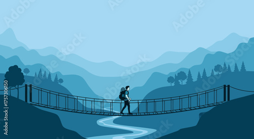 Adventurous Hiker Crossing Suspension Bridge In Mountain Landscape