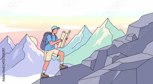 Adventurous Man Hiking In Mountains With Map During Sunset