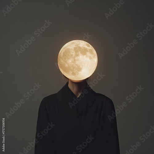 Mysterious Person Wearing Dark Robe and Glowing Moon Head Against Gray Backdrop