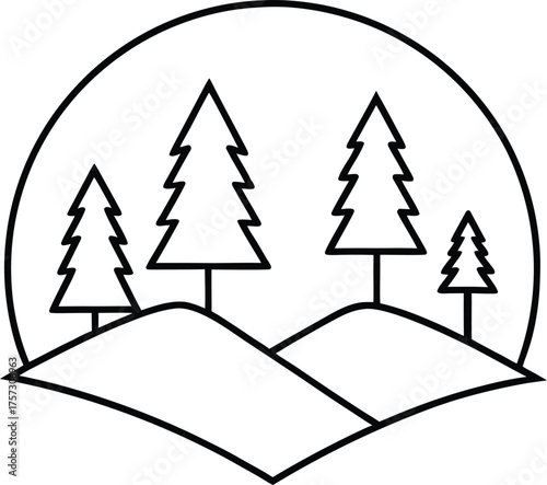 pine forest landscape minimal line composition illustration on transparent background