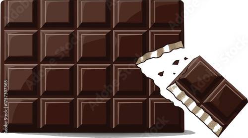 Delicious dark chocolate bar with a piece broken off on a clean white background perfect for illustrating sweet treats and confectionery cravings