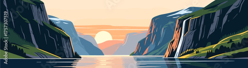 Norwegian fjord landscape at sunrise with cliffs
