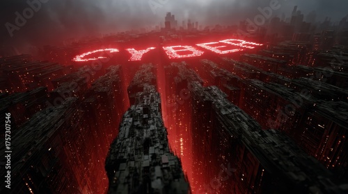 Futuristic City Skyline with Neon Cyber Text in Red Above Dark Cityscape Surrounded by Abstract Structures and Dramatic Clouds