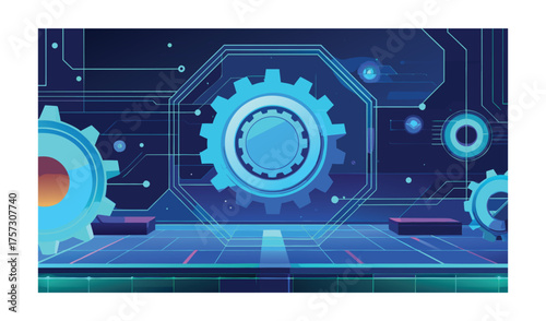 Cybernetic Futuristic Gear Background with Digital Rotating Mechanisms and Data-Driven Technology Interface