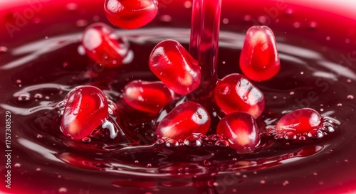 Vibrant pomegranate seeds splash into rich crimson juice creating a refreshing cascade of flavor and health benefits perfect for culinary inspiration