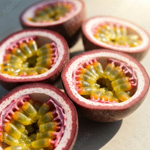 Vibrant passion fruit halves bursting with juicy seeds showcase exotic tropical freshness and healthy goodness for culinary inspiration.