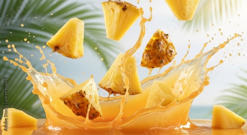 Vibrant pineapple chunks explode into refreshing juice creating a dynamic tropical splash perfect for summer refreshment