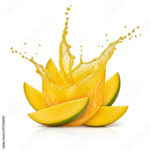 Vibrant mango juice splash with fresh fruit slices creating a dynamic and refreshing visual for healthy beverage advertising and summer promotions.