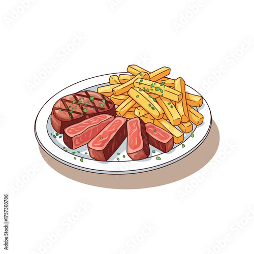 Realistic Vector Cartoon Illustration of Belgian Steak Frites with Dipping Sauce

