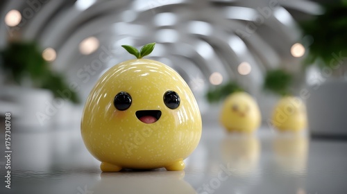 Cute cartoon lemon character with a happy face and leaf on top, set in a modern interior design with soft lighting and playful atmosphere