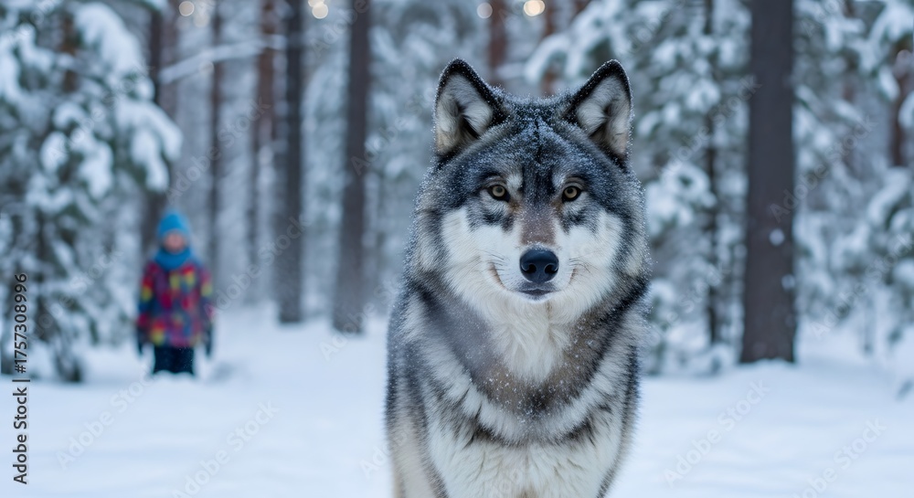 Naklejka premium Close up of a wolf with a child in the background in a snowy winter forest scene looking at the camera