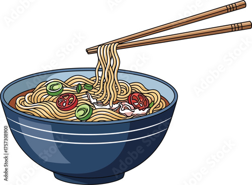 Bowl of delicious ramen with chopsticks lifting noodles featuring fresh vegetables and savory broth perfect for food illustrations and culinary art