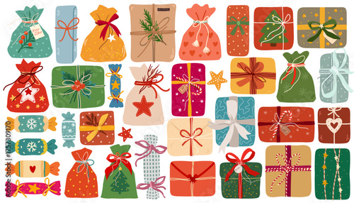 Colorful Christmas gift boxes and festive bags set