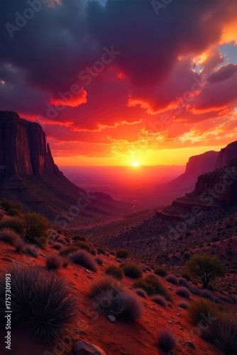 Fiery sunset over a desert landscape, evoking the bold and passionate energy of Aries Rugged mountains, vibrant sky, arid terrain , sunset, passionate