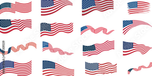 Collection of waving american flags displaying patriotism and freedom vector,American waving flag set