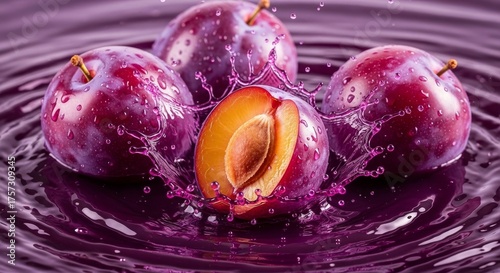 Juicy fresh plums splashing into vibrant purple liquid creating dynamic water splashes and droplets, perfect for food advertising and healthy lifestyle content