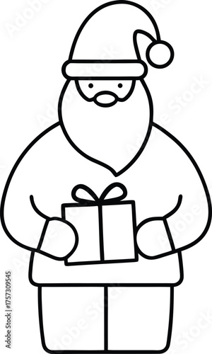 santa holding gift box minimal line art illustration on transparent background