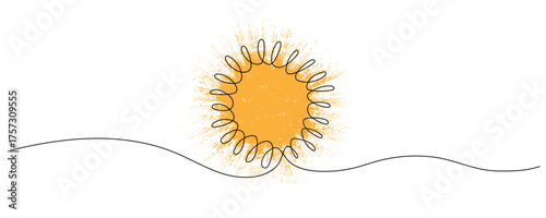 Continuous one line drawing of sun. Single line sketch sunny summer travel concept.Vector illustration isolated on white
